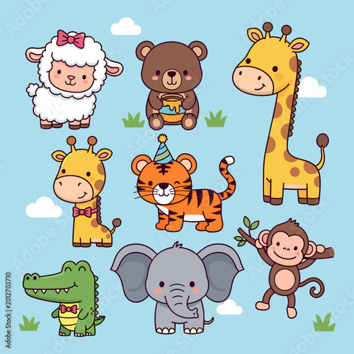 Photography A delightful collection of cute, cartoon-style wild animals, including a giraffe, elephant, tiger, bear, sheep, monkey, and crocodile, set against a soft blue sky with fluffy clouds and green grass