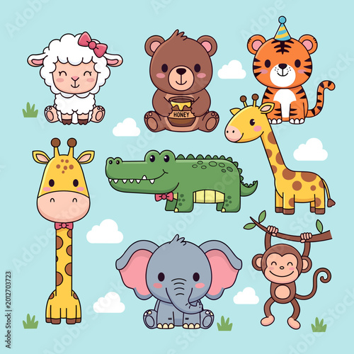 Canvas Print Cute cartoon animals collection including a sheep, bear, tiger, giraffes, alligator, elephant, and monkey on a light blue background with clouds