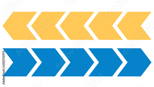 Two horizontal rows of chevron arrows top row yellow bottom row blue pointing right with forward movement directional arrow next step isolated on white direction progress minimalist