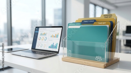 Office organization featuring medical leave, family leave, and personal time off file folders on a desk.
