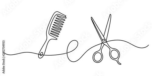 Tableau sur toile Continuous line drawing of a hair comb and barber scissors