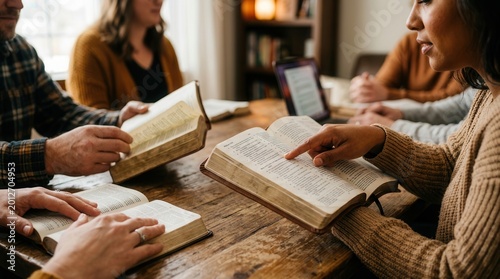 Christian people reading and studying the word of god in a small group setting.