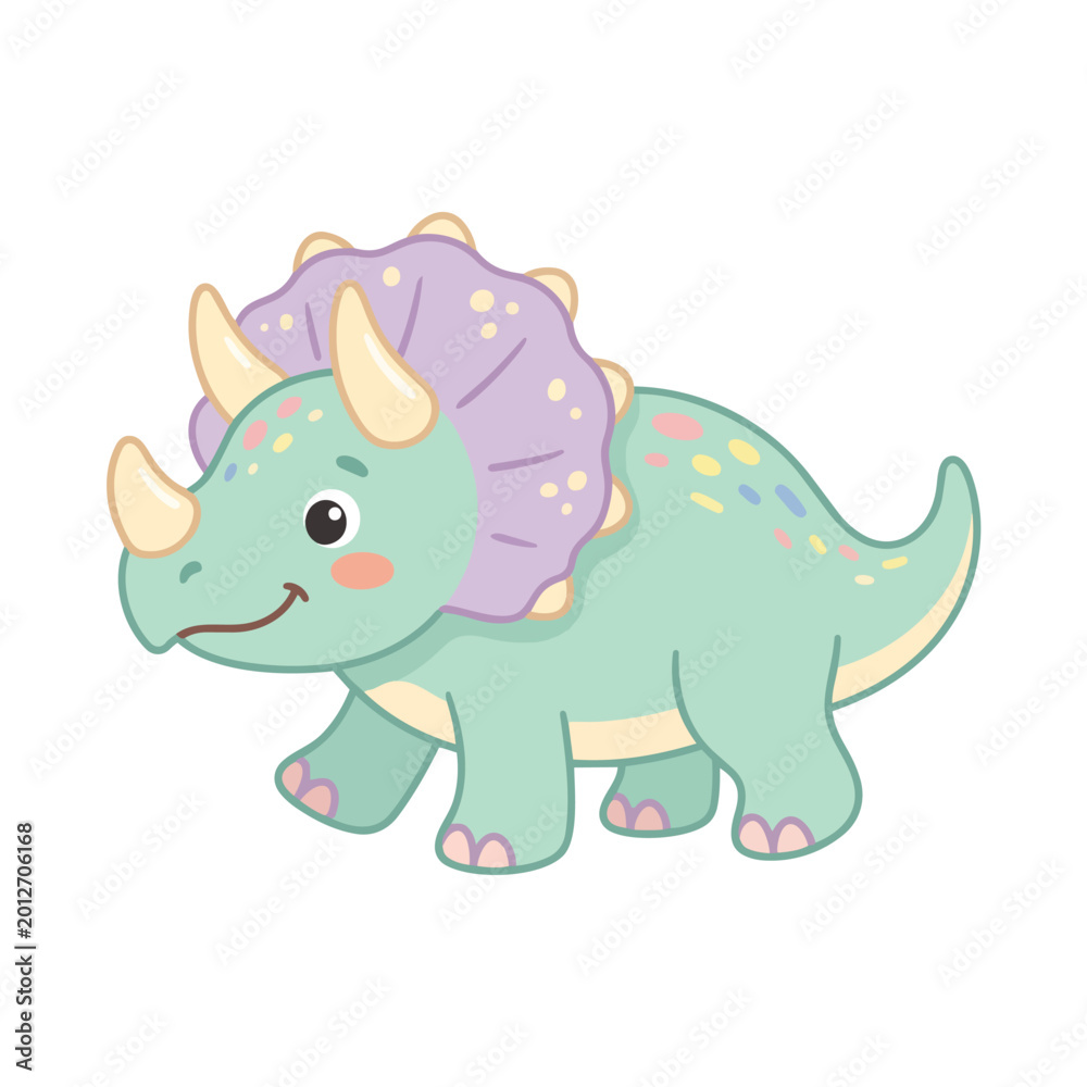 Fototapeta premium Cute Triceratops Dinosaur Kawaii Flat Vector Illustration