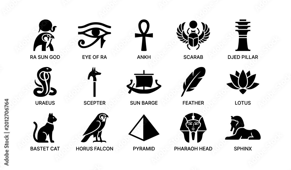 Fototapeta premium Egyptian symbols and icons displayed in grid on white background