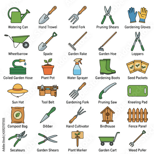 Gardening Tools and Equipment Flat Vector Icons Set