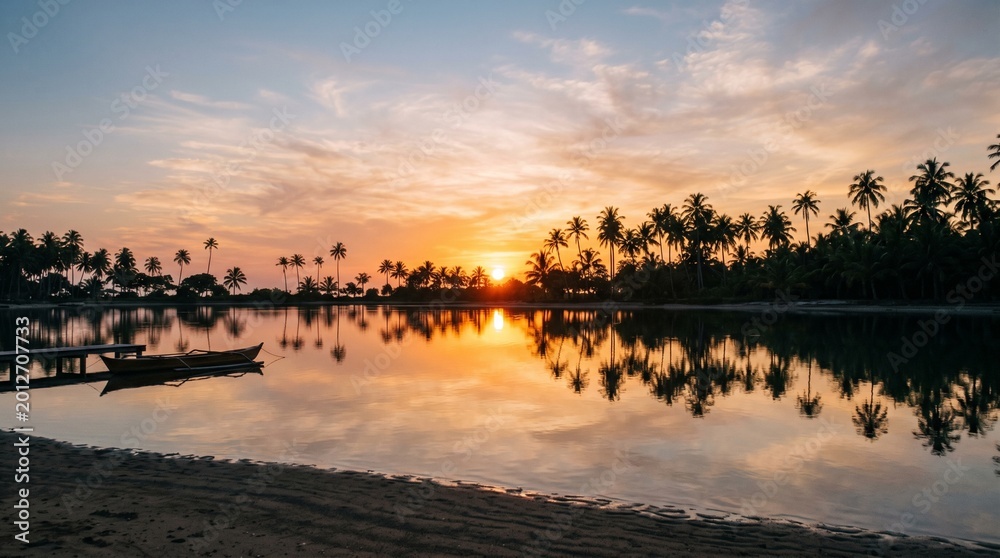 Fototapeta premium Tropical beach sunset with palm trees and boat