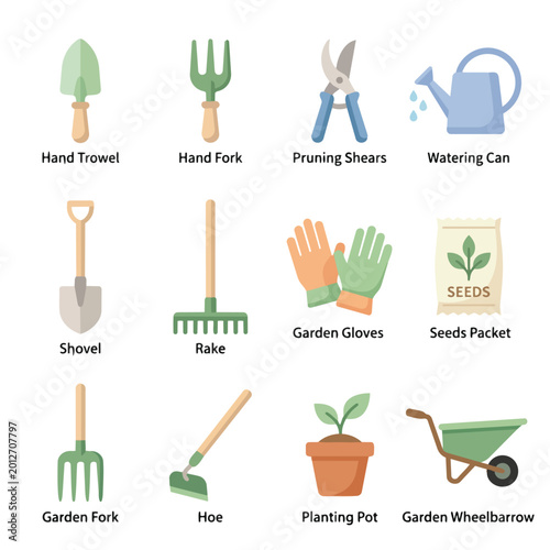 Gardening Tools and Supplies Flat Vector Icon Set