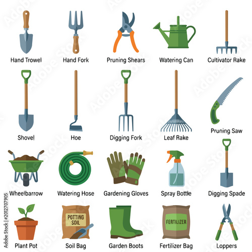 Gardening Tools Collection Flat Design Vector Illustration