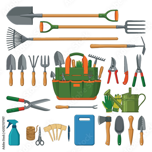 Gardening Tools Collection with Green Tool Bag Vector