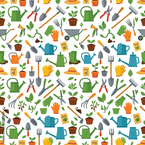 Gardening Tools Seamless Pattern Vector Illustration