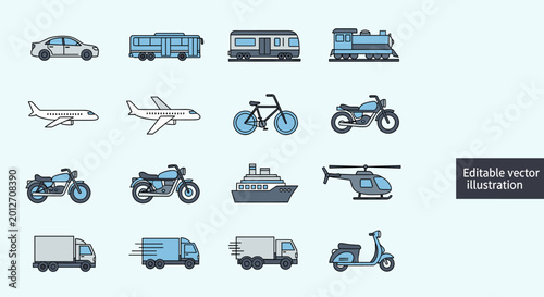 Tableau sur toile A collection of diverse transportation icons, including cars, trains, airplanes, motorcycles, boats, helicopters, and trucks, presented in a clean, vector illustration style