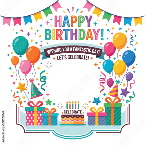 Happy Birthday Celebration with Gifts and Balloons Vector Illustration