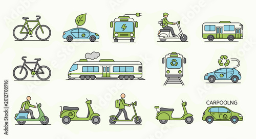 Photos Collection of eco-friendly transportation icons including bicycles, electric cars, scooters, trains, and carpooling vehicles, emphasizing sustainable mobility and green energy solutions