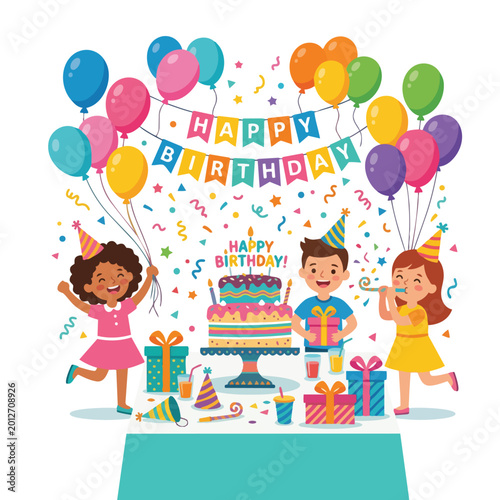 Happy Birthday Celebration with Kids, Cake, and Balloons Vector