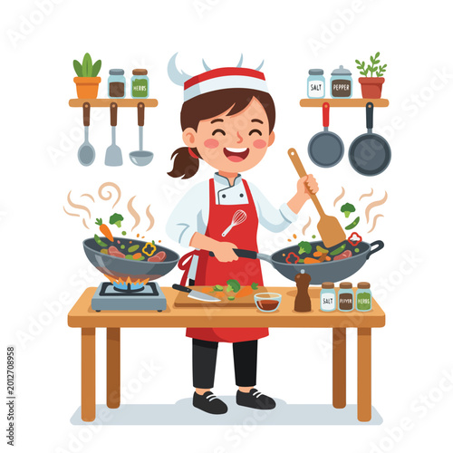 Happy Chef Cooking Vegetables Flat Illustration Vector