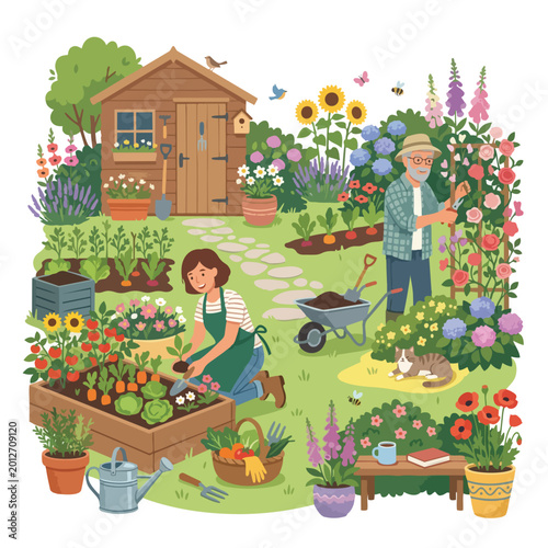Happy Couple Gardening Together in Lush Backyard