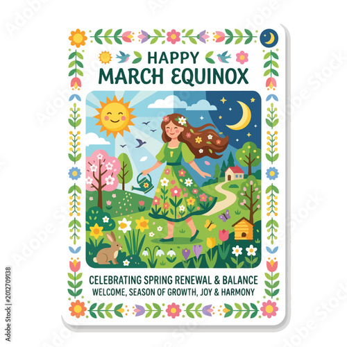 Happy March Equinox Spring Renewal Flat Illustration