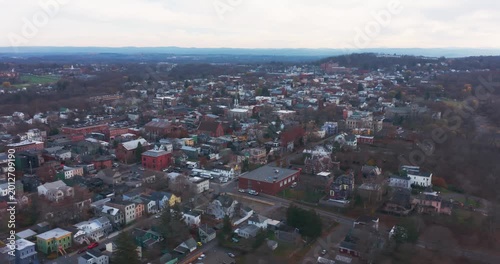 Hudson, NY, USA - November 20, 2025: Aerial video of Hudson, New York along the Hudson River.
