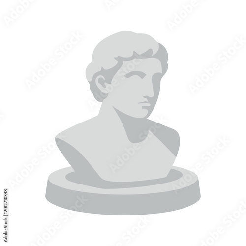 The artwork shows a gray monochrome bust with a male face and shoulders displayed on a simple round pedestal in a vector style.