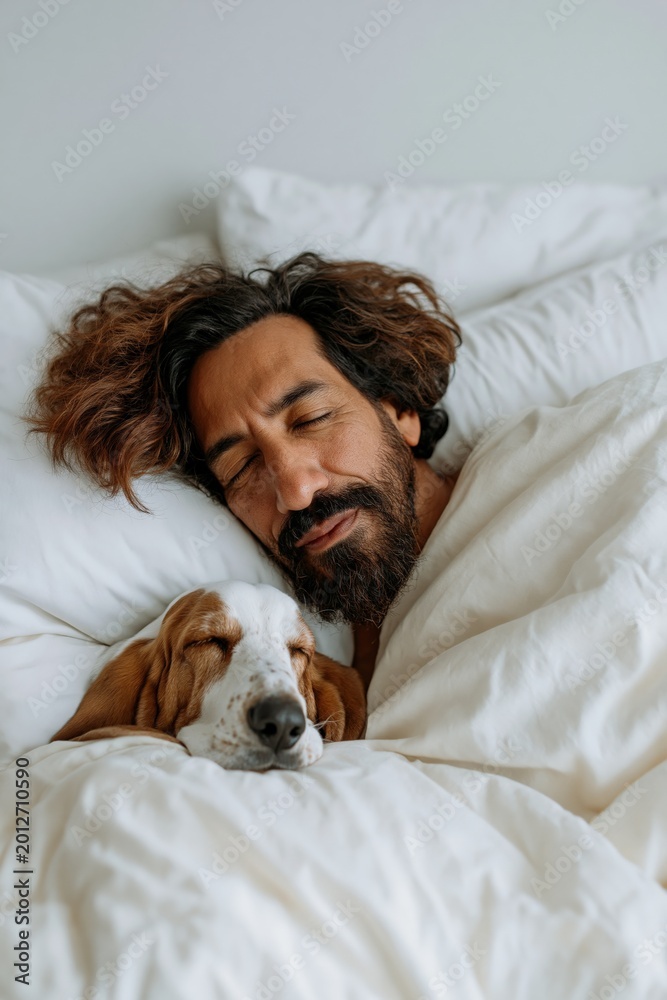 Obraz premium Man sleeping with dog nestled in white bedroom bed linens
