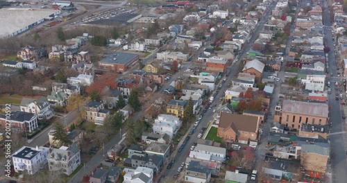 Hudson, NY, USA - November 20, 2025: Aerial video of Hudson, New York along the Hudson River.