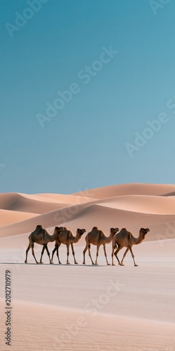 Camels walking in single file across sand dunes