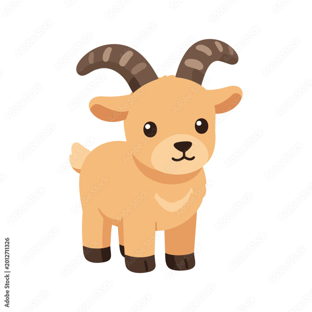 Fototapeta premium A cute cartoon goat with tan fur, small ears, and brown horns stands on its four legs with a short tail.