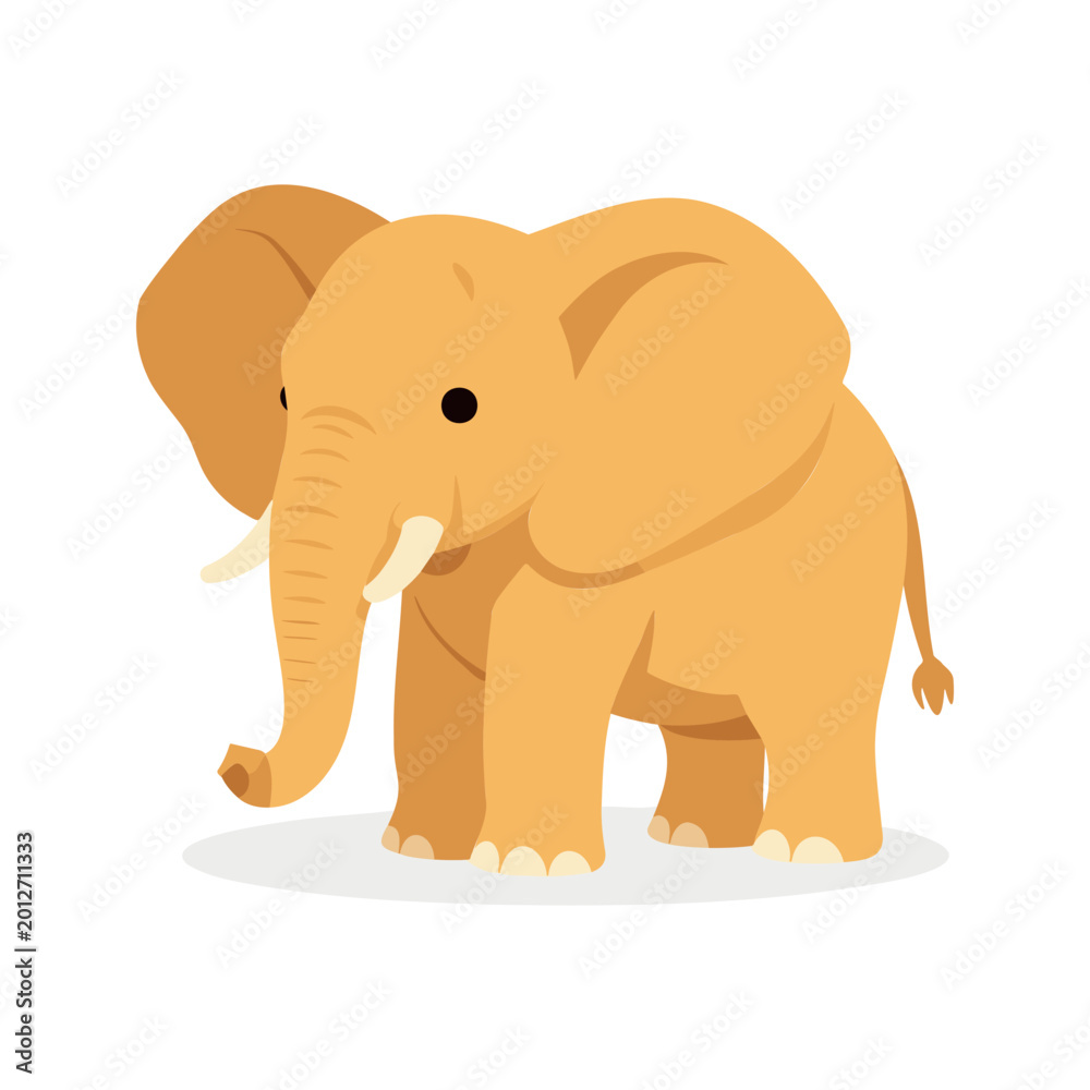 Fototapeta premium An elephant with light brown skin stands in the frame with its tusks visible and its trunk hanging down in front of it.