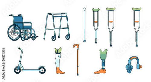 Photos Collection of mobility aids and assistive devices including a wheelchair, walker, crutches, canes, prosthetics, and a scooter