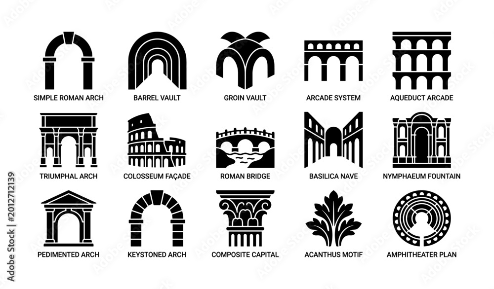 Fototapeta premium Roman architectural icons displayed in grid on white background