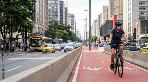 Ciclista utilizando capacete em ciclovia urbana de São Paulo durante campanha Maio Amarelo reforçando segurança e mobilidade sustentável nas grandes cidades e bicicleta