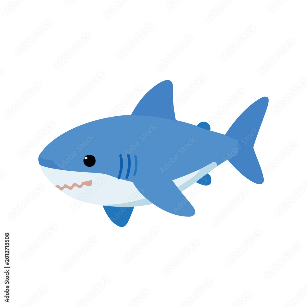 Fototapeta premium Cute blue shark swims forward with a playful expression on a white background