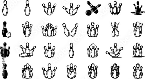 Schilderij op canvas Black and White Line Art Bowling Icons: Pins and Ball Set, Sports Industry Vecto