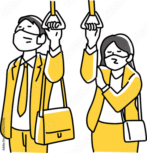 吊り革を握るマスクをつけた会社員の男女
