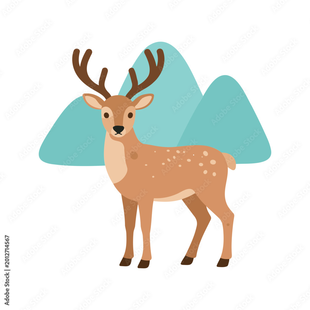 Fototapeta premium Adorable deer standing in front of mountains illustration with brown antlers