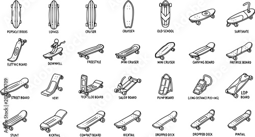 Foto Hand Drawn Black and White Line Art Set of Skateboards and Longboards Icons