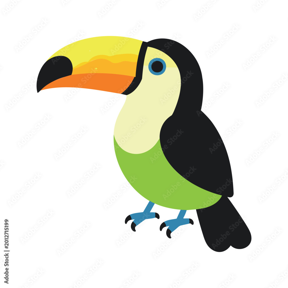Fototapeta premium Cartoon toucan illustration with a large yellow and orange beak on a white background