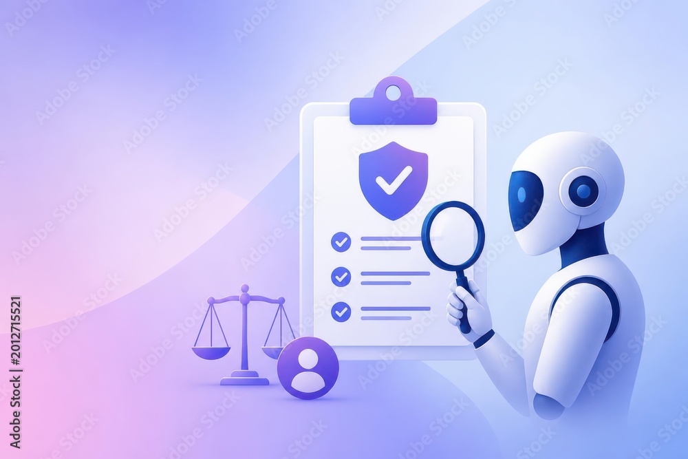 Naklejka premium AI robot examining security compliance checklist with shield clipboard and legal balance scales in futuristic pastel concept