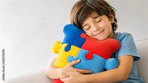 Autism Awareness Child Embracing Puzzle Cushion in a Calm Comforting Scene