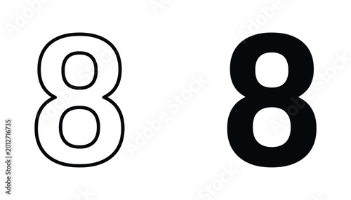 Number eight digit vector icon set in outline and solid black style for typography and digital counting