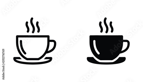 Steaming hot coffee cup icon set featuring elegant outline and solid black silhouette for cozy cafe and morning beverage menu design