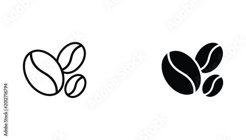 Roasted coffee bean icon set featuring simple outline and solid black silhouette for cafe branding and morning beverage menu design