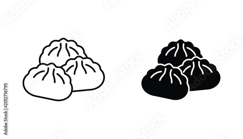 Steaming dumpling icon set featuring delicate outline and solid black silhouette for Asian cuisine menus and food delivery branding