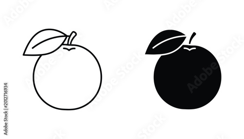 Fresh orange fruit icon with a single leaf in both outline and solid black silhouette styles for nutrition and healthy food graphic design