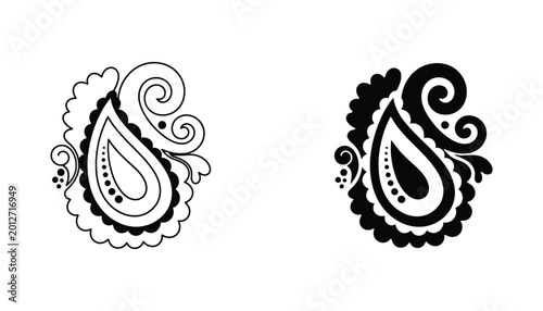Intricate paisley pattern element with swirls and dots in both outline and solid black silhouette styles for textile and decorative design