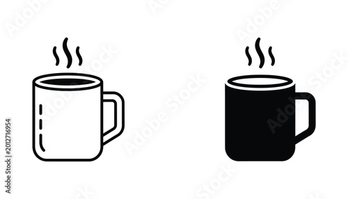 Classic coffee mug with rising steam depicted in both outline and solid black silhouette icon styles for cafe branding and beverage design