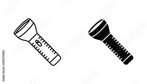 Handheld flashlight icon in both outline and solid black silhouette versions for emergency preparedness and utility graphic design elements