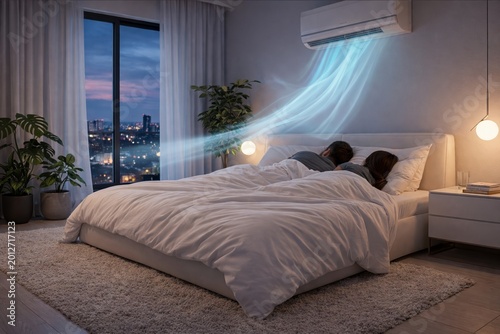 Couple sleeping in bed under air conditioner with visible cool airflow in modern bedroom at night.