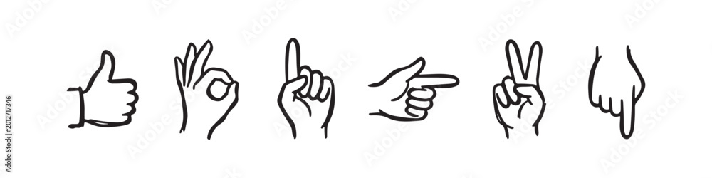 Fototapeta premium Vector icons of various hand gestures in a clean, hand-drawn outline style. The set includes a thumbs up, OK sign, pointing index finger, a pointing hand, a hand pointing downward, and a hand pointing