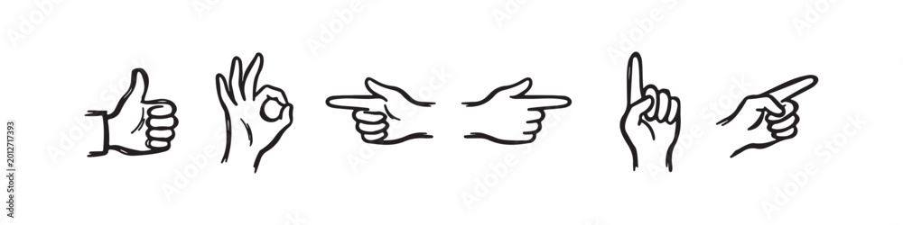 Obraz premium Vector icons of various hand gestures in a clean, hand-drawn outline style. The set includes a thumbs up, OK sign, pointing index finger, a pointing hand, a hand pointing downward, and a hand pointing